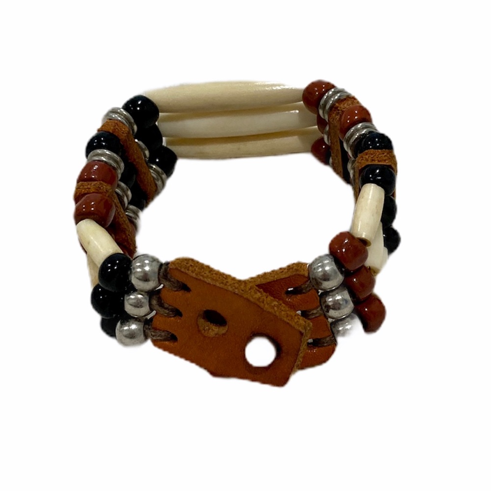 Vintage Leather and Seed Bead Cuff Bracelet